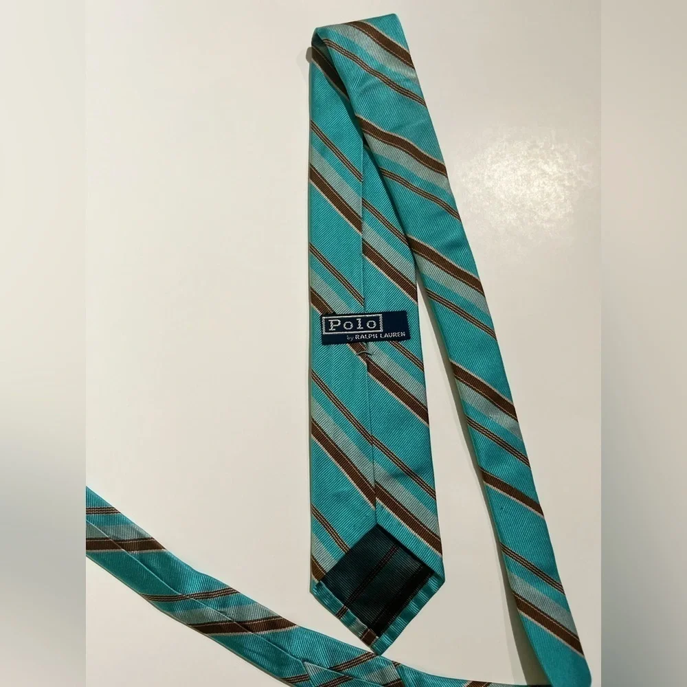 Polo Ralph Lauren Vintage Style Blue & Brown Preppy Silk Tie Hand Made in Italy